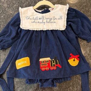 Blue Corduroy Dress with Train and Bell Appliqué